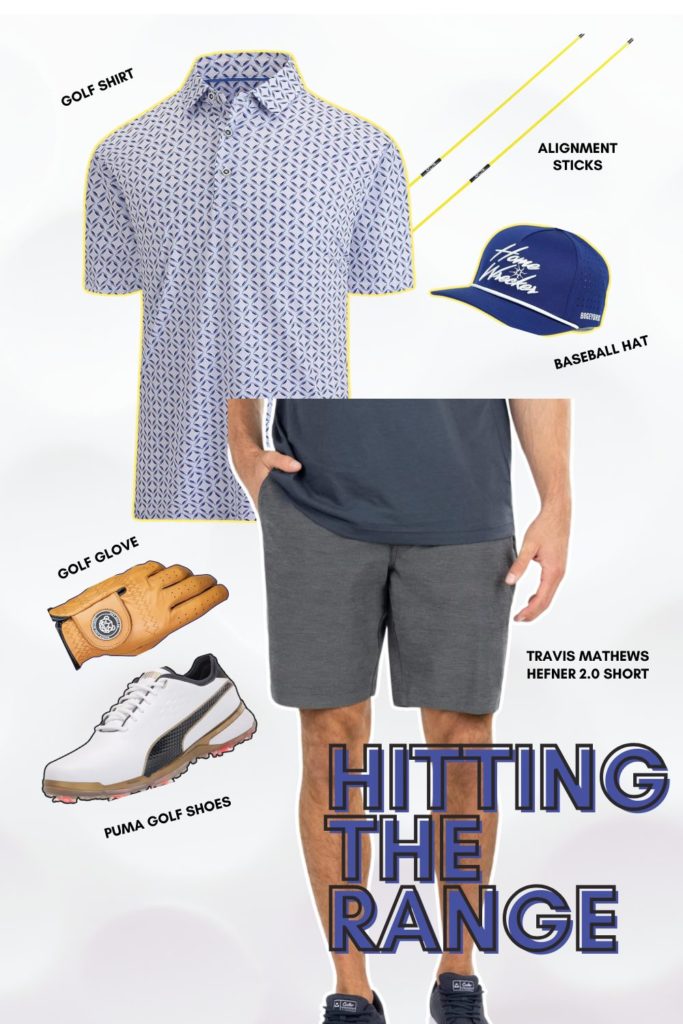 The image features a collage of various golf-related clothing items and accessories, arranged to suggest a complete outfit for a person hitting the golf range. At the top, there's a golf shirt with a blue and white geometric pattern. To the right of the shirt, there are two yellow alignment sticks crossed over each other. Below the alignment sticks is a navy blue baseball hat with cursive white text. On the left side of the image, there's a brown leather golf glove. In the center, a pair of grey shorts is displayed, labeled as "TRAVIS MATHEWS HEFNER 2.0 SHORT". At the bottom, there's a white Puma brand golf shoe with black accents. The background is white, and the phrase "HITTING THE RANGE" is prominently displayed in large, stylized letters towards the bottom.